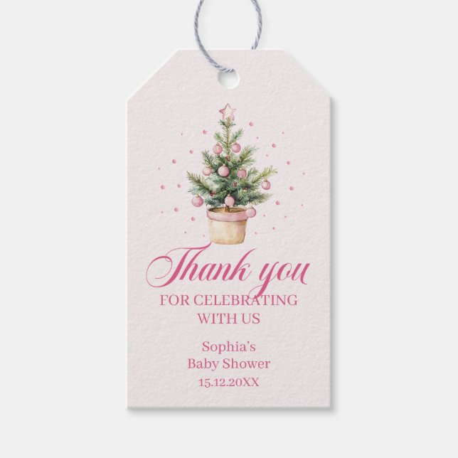 Watercolor Christmas Tree Baby Shower Thank You Presentetikett (Framsidan)