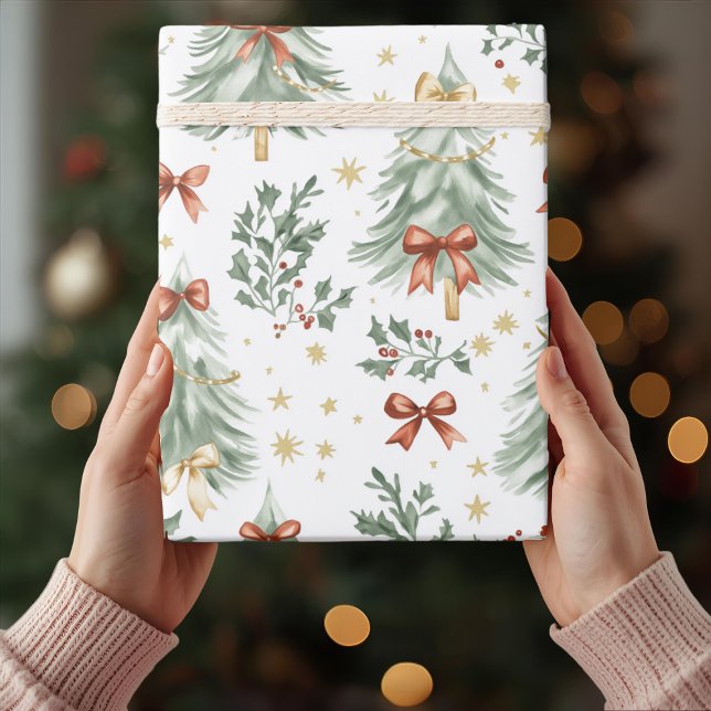 Watercolor Christmas Tree & Bow Wrapping Paper Presentpapper (Skapare uppladdad)