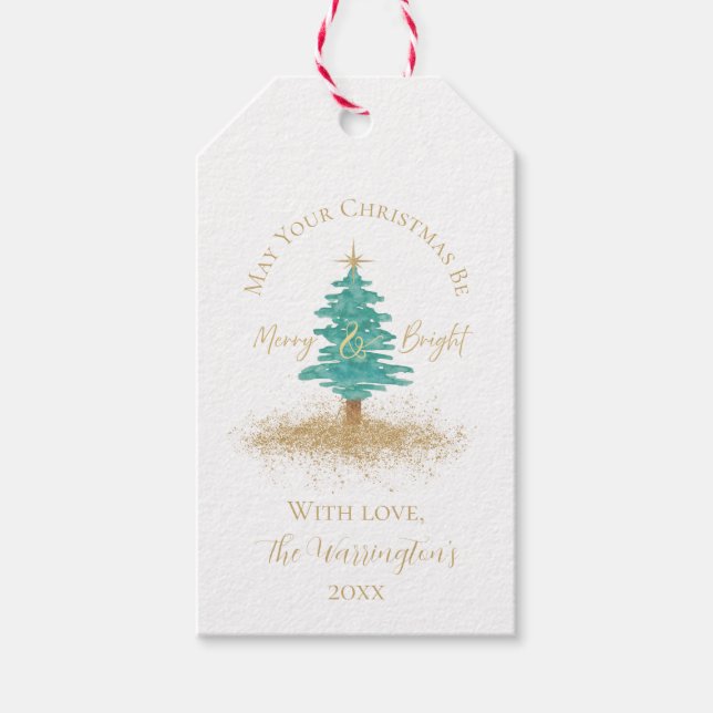Watercolor Christmas Tree, "Merry & Bright" Presentetikett (Framsidan)