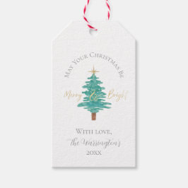 Watercolor Christmas Tree, "Merry & Bright" Presentetikett