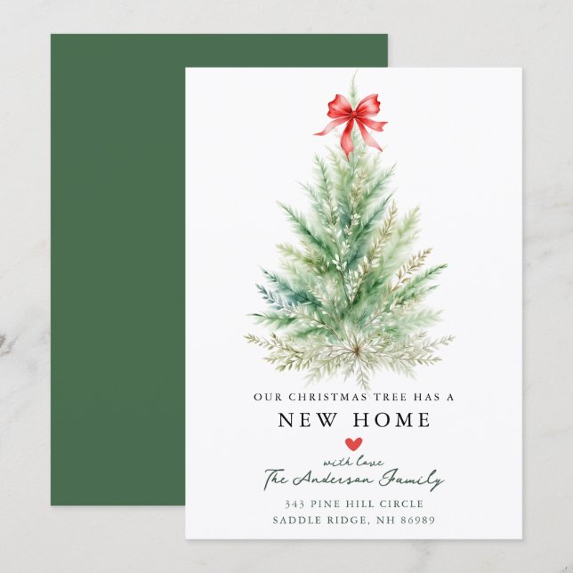 Watercolor Christmas Tree New Home Card Meddelande (Fram/baksida)
