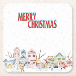 Watercolor Christmas Village Coaster Underlägg Papper Kvadrat