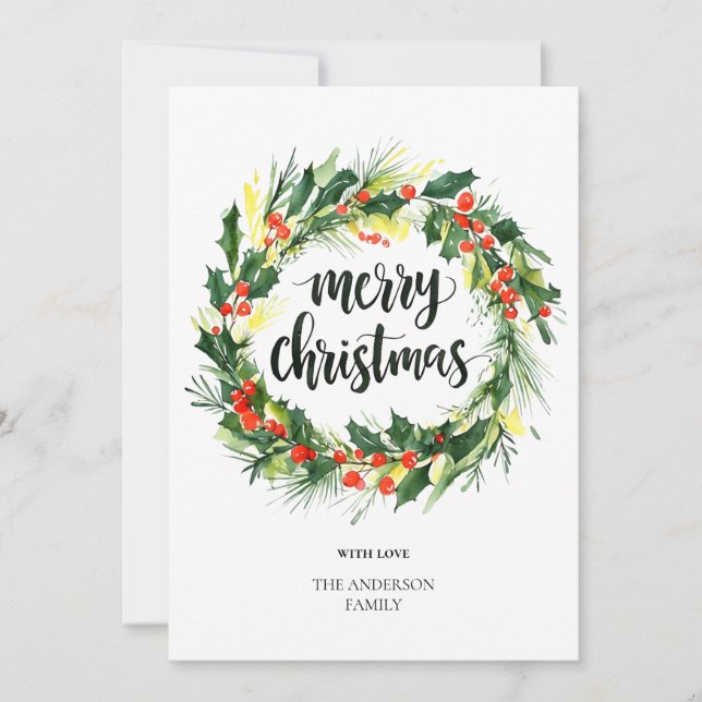 Watercolor Christmas Wreath Card | Elegant Greener Julkort (Framsida)