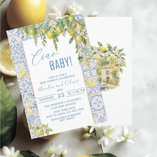 Watercolor ciao bambino lemons baby shower inbjudningar