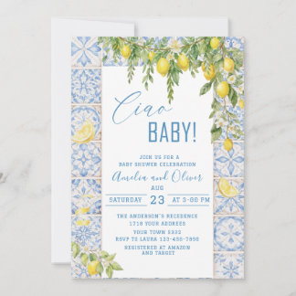 Watercolor ciao bambino lemons baby shower inbjudningar