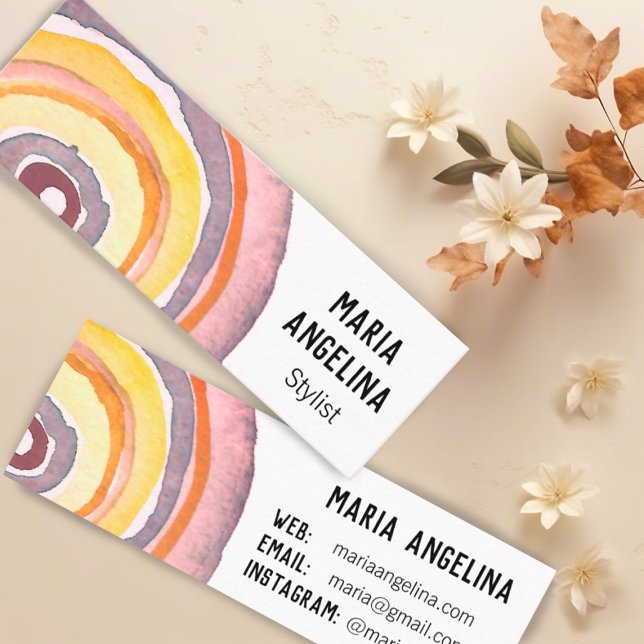 Watercolor Circles Neutralt Ringar Abstrakt Warm Mini Visitkort (Custom mini business cards decorated with warm neutral watercolor ring pattern)