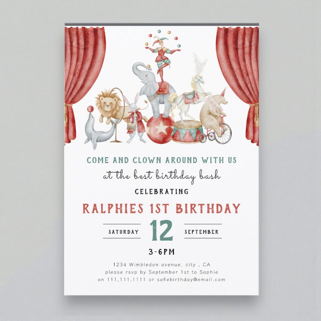 Watercolor Circus Elephant First Birthday Inbjudningar (Skapare uppladdad)