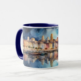 Watercolor City Night View med Sjö, Fishing Boat Mugg