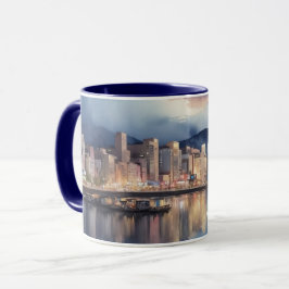 Watercolor City Night View River and FishBoat Mugg