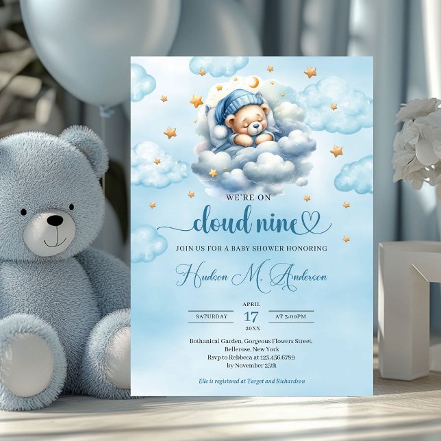 Watercolor Cloud 9 nalle Boy Shower Inbjudningar (we're on cloud nine boy baby shower invitation)