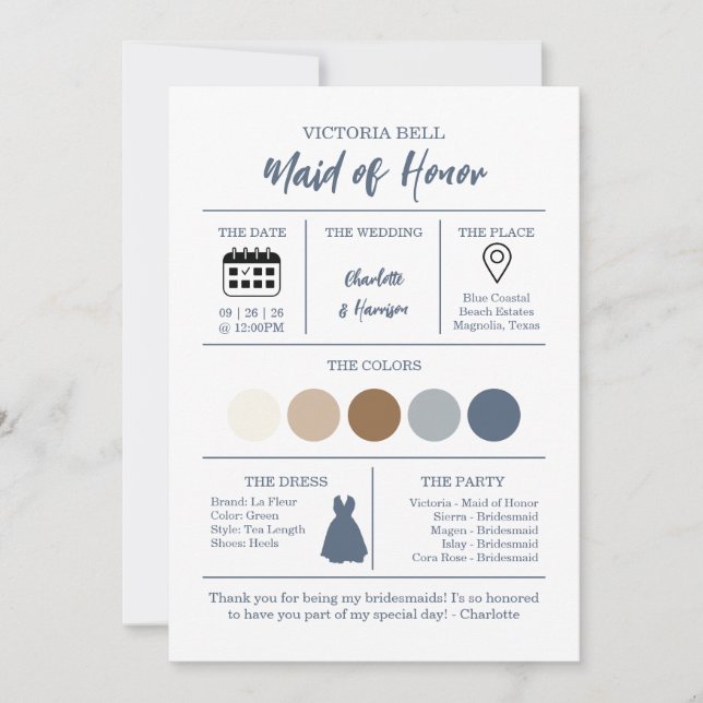 Watercolor Coastal Bridesmaid Information Card Inbjudningar (Framsida)