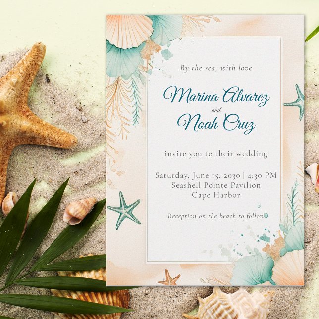 Watercolor Coastal Chic Beach Wedding Invitation Inbjudningar (Skapare uppladdad)