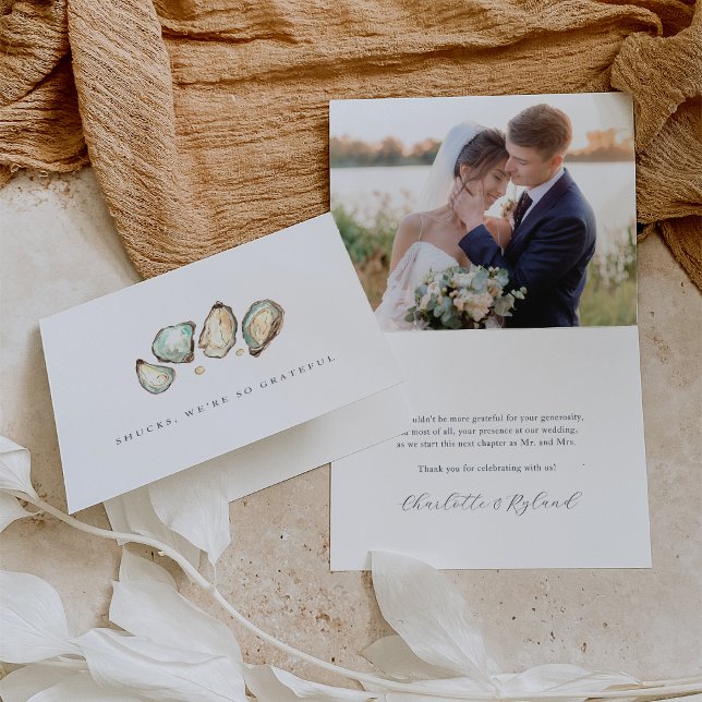 Watercolor Coastal Oyster Bröllop Tack Kort (Coastal oyster wedding thank you cards)