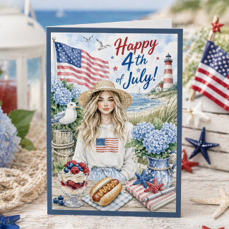 Watercolor Coastal Patriotic Happy 4th of July Kort