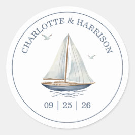 Watercolor Coastal Seascape Wedding Runt Klistermärke