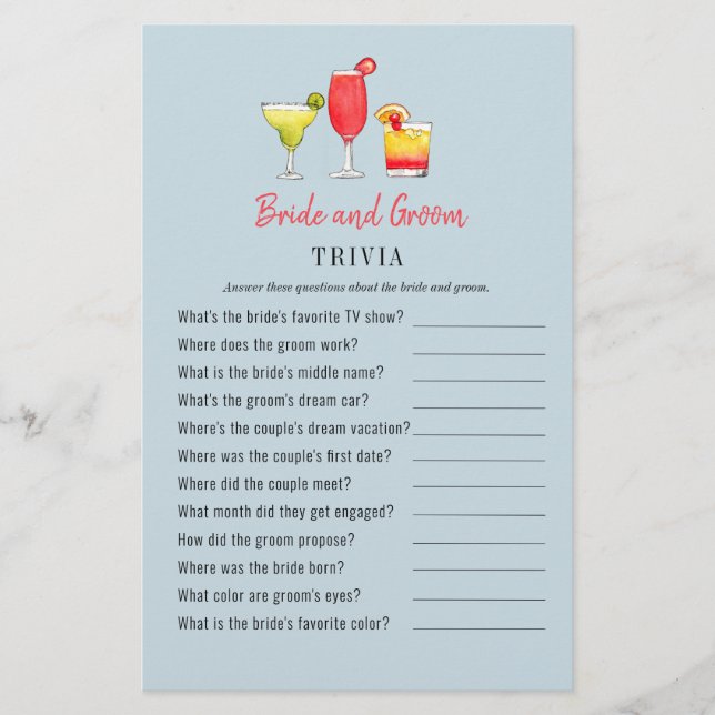 Watercolor Cocktail Couples Shower Trivia-spel (Framsida)