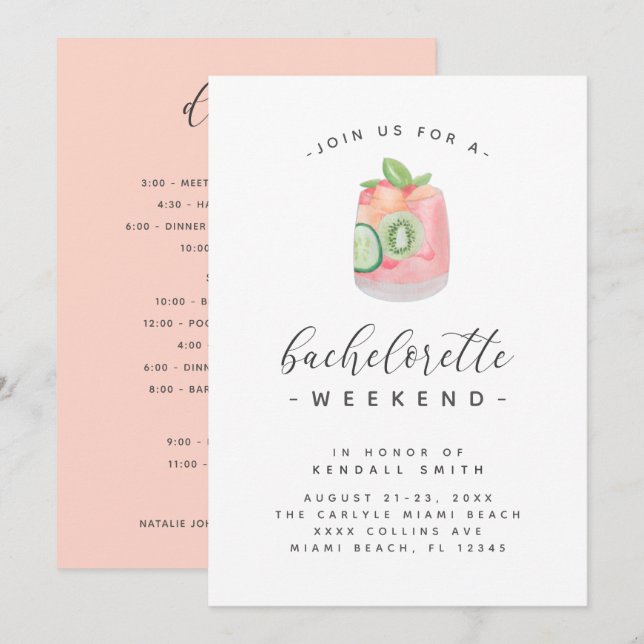 Watercolor Cocktail Minimal Bachelorette Helg Inbjudningar (Fram/baksida)