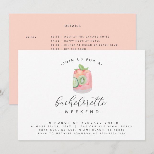 Watercolor Cocktail Minimal Bachelorette Helg Inbjudningar (Fram/baksida)