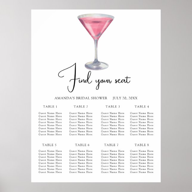 Watercolor Cocktail Wedding seating chart Poster (Framsidan)