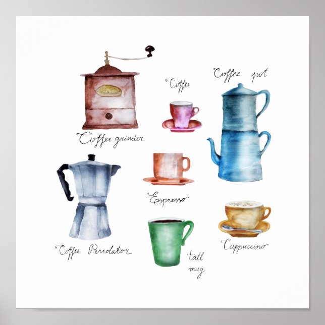 Watercolor Coffee Pot, Grinder, Kopp, Mugg, Moka P Poster (Framsidan)