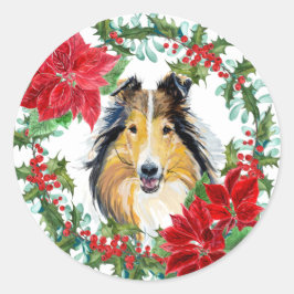 Watercolor Collie Hund Poinsettia Helgdag Wand Runt Klistermärke