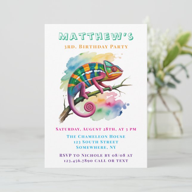 Watercolor Colorful Chameleon Birthday Party Inbjudningar (Stående Fram)
