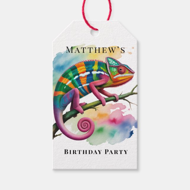 Watercolor Colorful Chameleon Birthday Party Presentetikett (Framsidan)