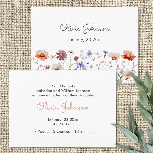 Watercolor Colorful Wildblomme Flicka Birth Meddelande (Close up)