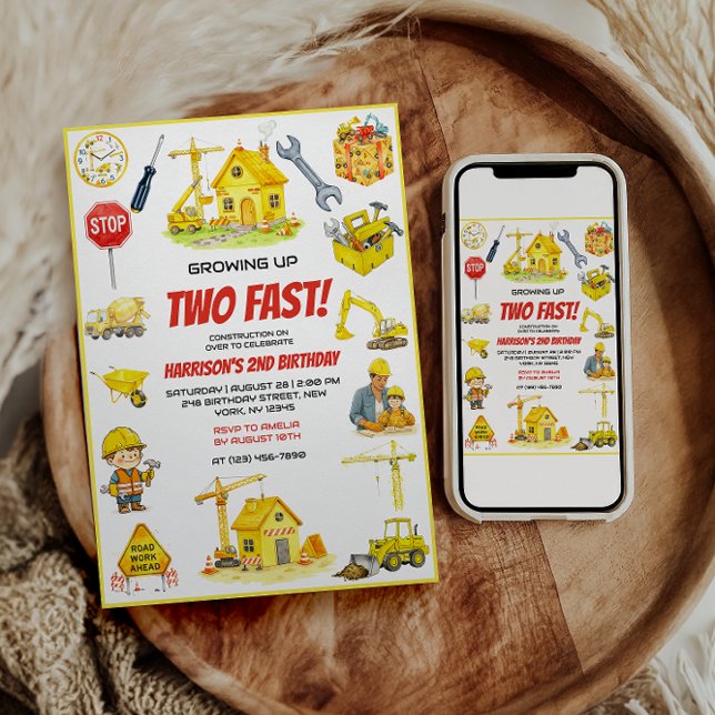 Watercolor Construction 2nd Birthday Party  Inbjudningar (Watercolor Construction 2nd Birthday Party Invitatio)