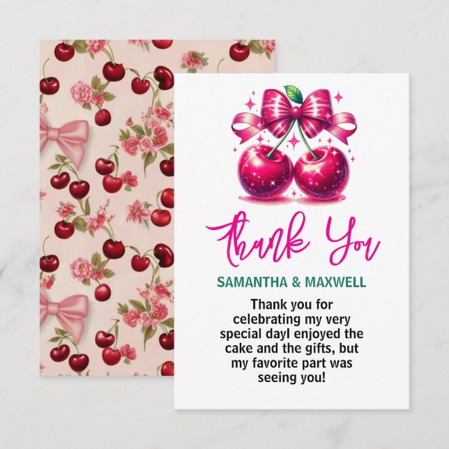 Watercolor Coquette Cherry 1st Birthday Party Tack Kort (Fram/baksida)