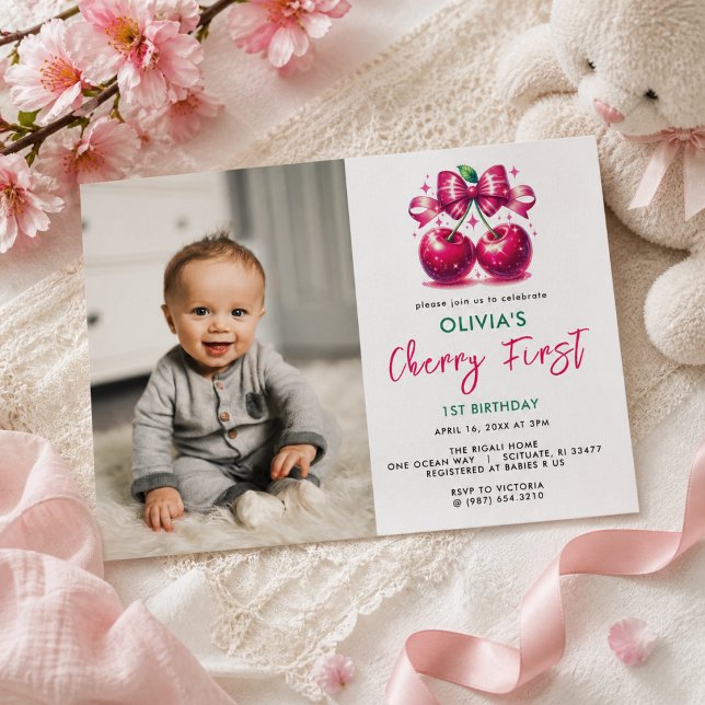 Watercolor Coquette Körsbär 1-årsdag Inbjudningar (Watercolor Coquette Cherry 1st Birthday Invitation)