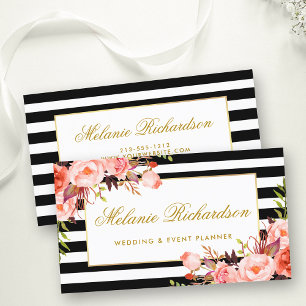 Watercolor Coral Blommigt Elegant Guld Black Strip Visitkort