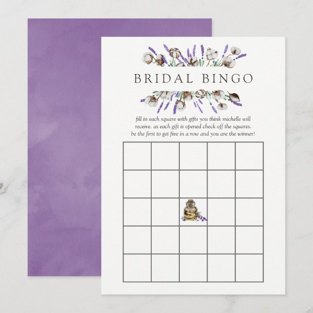 Watercolor Cotton Lavender Möhippa Bingo Inbjudningar (Fram/baksida)