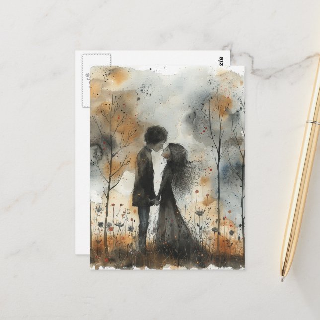 Watercolor Couple in Love Vykort (Fram/Back In Situ)