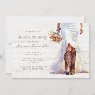 Watercolor Cowgirl Bride Boots Bachelorette Party Inbjudningar