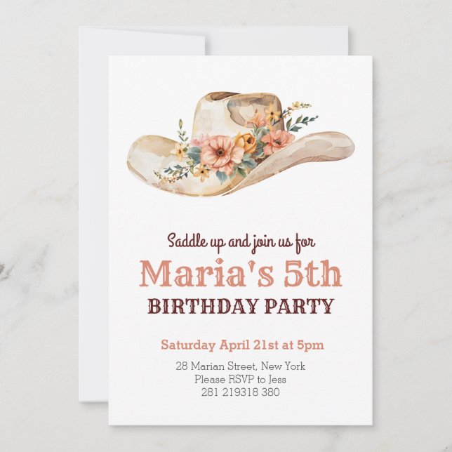 Watercolor Cowgirl Hat Rodeo Western Birthday Inbjudningar (Framsida)