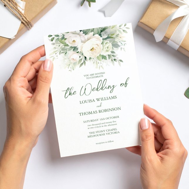 Watercolor Cream Peony & Ro bröllopsinbjudan Inbjudningar (Cream roses invitation
)