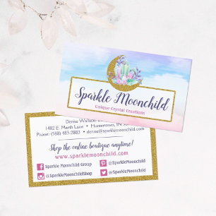 Watercolor Crystals & Guld Måne Social Network Visitkort