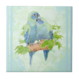 Watercolor Cuddling Blue Parrot Birdlife Art Kakelplatta