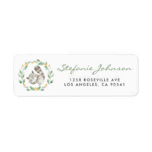 Watercolor Cute Baby Raccoon Greenery Wandey Returadress Etikett