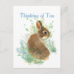Watercolor Cute Bunny Rabbit Thinking of You Vykort