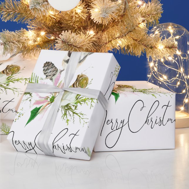 Watercolor Cute Chickadee Bird Pointsettia Flower Presentpapper (Helgdagar)