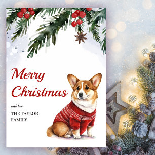 Watercolor Cute Corgi Hund God jul Julkort