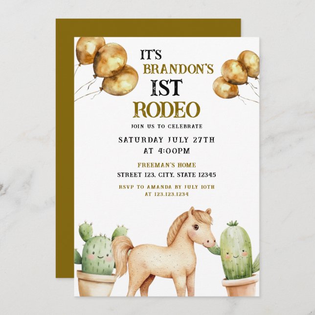 Watercolor Cute Cowboy 1st Rodeo Birthday Inbjudningar (Fram/baksida)