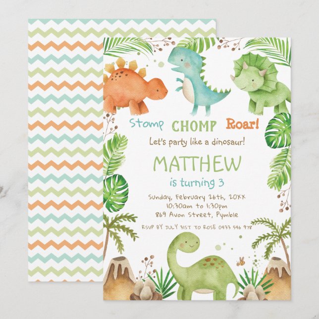 Watercolor Cute Dinosaur Greenery Boy Birthday Inbjudningar (Fram/baksida)
