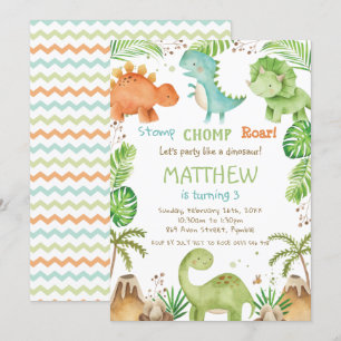 Watercolor Cute Dinosaur Greenery Boy Birthday Inbjudningar
