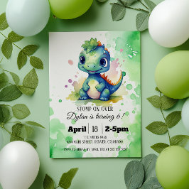 Watercolor Cute Dinosaur Grönt Boy Birthday Inbjudningar