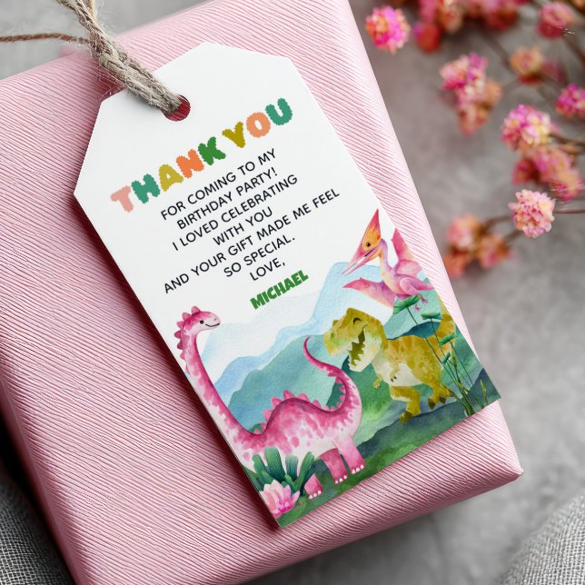 Watercolor Cute Dinosaurs Barns födelsedag Tack Presentetikett (Skapare uppladdad)