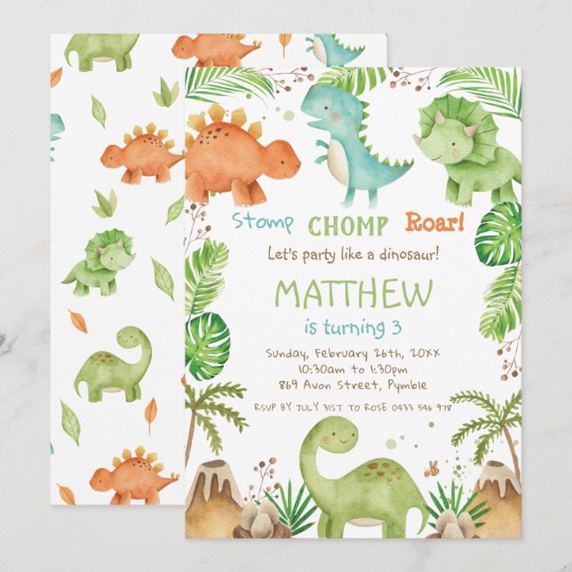 Watercolor Cute Dinosaurs Greenery Boy Birthday Inbjudningar (Fram/baksida)