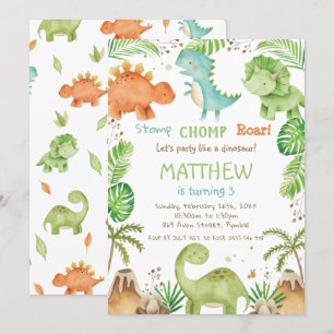 Watercolor Cute Dinosaurs Greenery Boy Birthday Inbjudningar